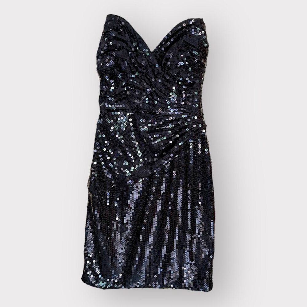 Tadashi Size 6 Vintage Black Sequin Strapless Sweetheart Neck FBodycon Mini Dres